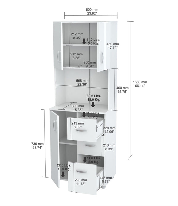 White Finish Wood High Low Full Size Microwave Cabinet