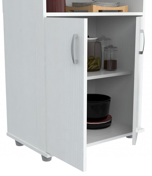 White Finish Wood Microwave Cart with Cabinet