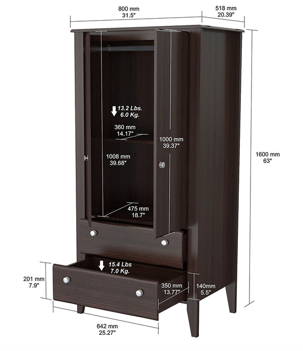 Espresso Finish Wood Wardrobe with Two Doors and Two Drawers