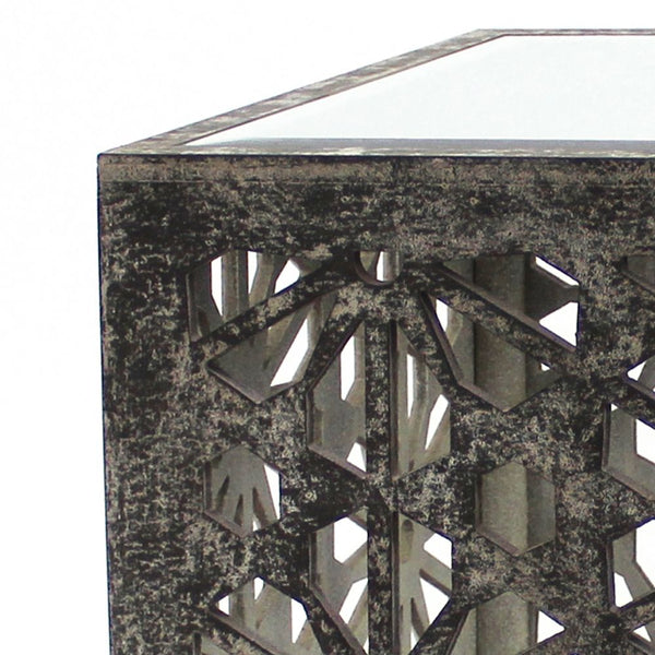 Gray Floral Mirrored Cube End Table