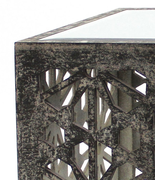 Gray Floral Mirrored Cube End Table