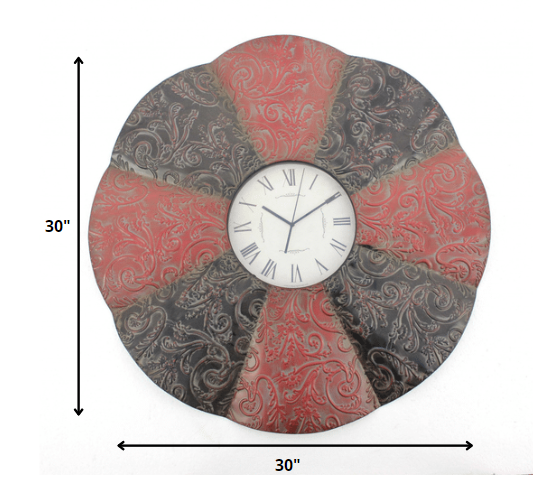 30 x 30 x 2 Black & Red Traditional Floral Metal - Wall Clock