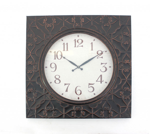 28 x 28 x 2 Brown Vintage Square Brass Metal  Wall Clock