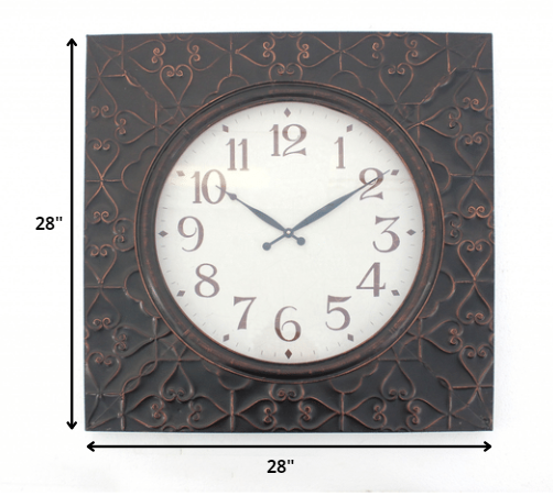 28 x 28 x 2 Brown Vintage Square Brass Metal  Wall Clock