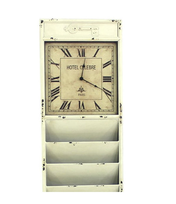 White Vintage Look Newspaper and Magazine Rack With Clock