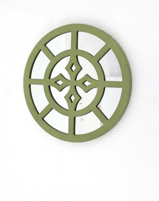 15.5 x 15.5 Green Rustic Mirrored Round - Wooden Wall Decor