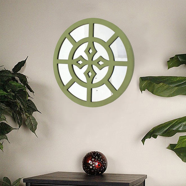 15.5 x 15.5 Green Rustic Mirrored Round - Wooden Wall Decor