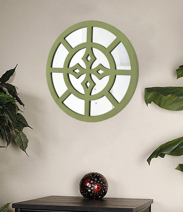 15.5 x 15.5 Green Rustic Mirrored Round - Wooden Wall Decor