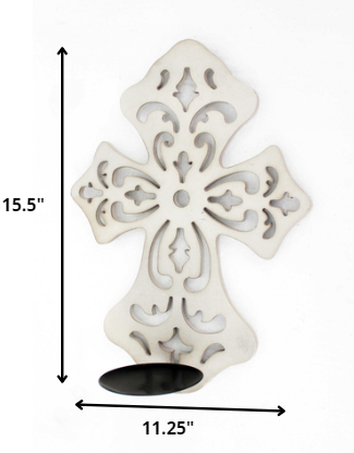 15.5 x 5 x 11 White Wooden Cross - Candle Holder Sconce