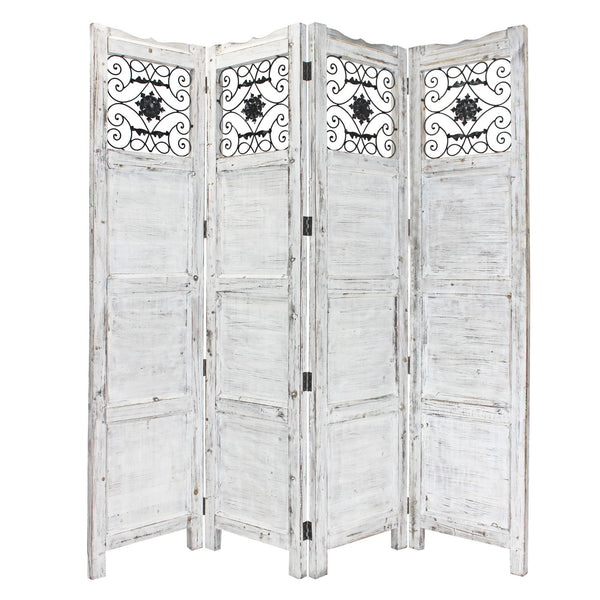 Gray Wash 4 Panel with Scroll Work Room Divider Screen