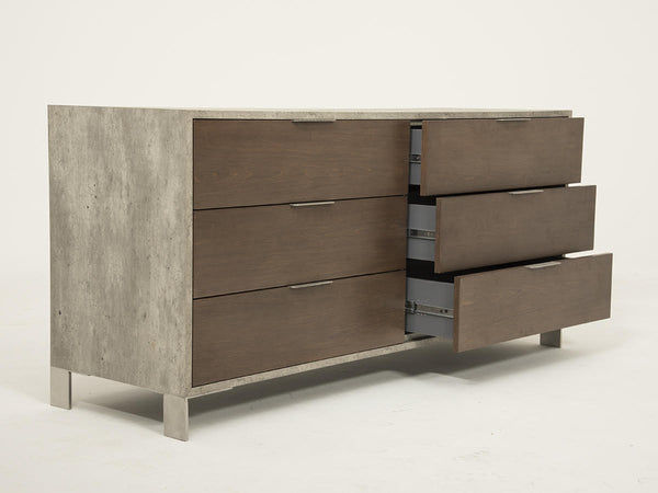 30' Dark Walnut Veneer  Steel  and Concrete Dresser with 6 Drawers