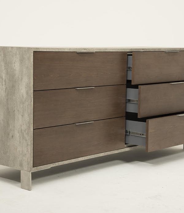 30' Dark Walnut Veneer  Steel  and Concrete Dresser with 6 Drawers