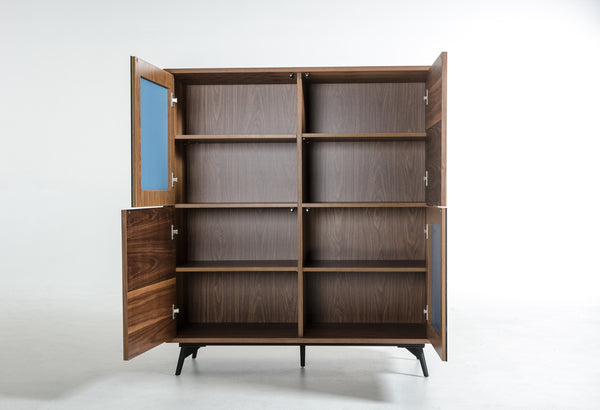 49' Walnut Veneer  Glass  and Metal Square Buffet