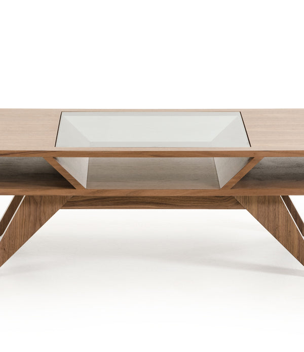 15' Walnut Wood  Veneer  and Glass Coffee Table