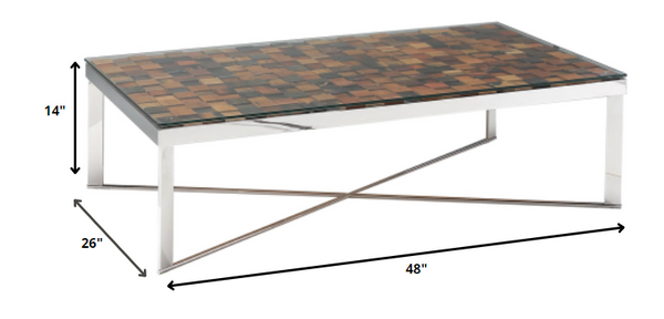 14' Mosaic Wood  Steel  and Glass Coffee Table