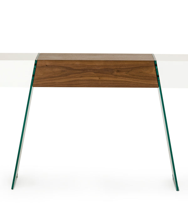 29' White and Walnut Veneer  MDF  and Glass Floating Console Table