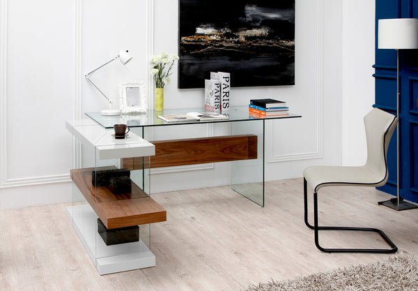 30" White and Walnut Veneer  MDF  and Glass Desk with Shelves