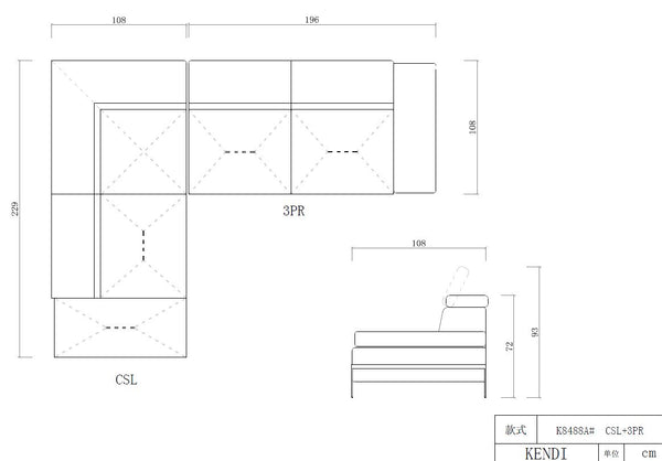 37' Light Grey Eco Leather  Foam  Wood  and Metal Sectional Sofa