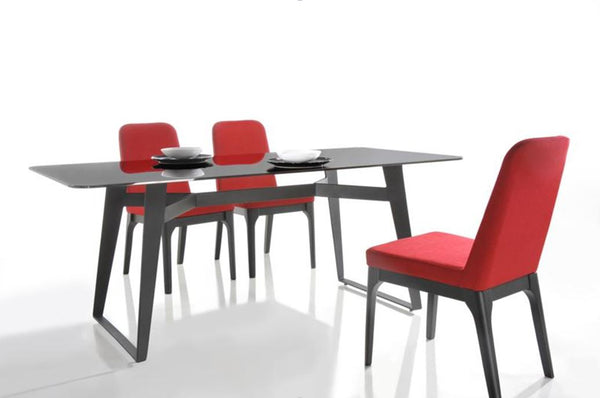 Two  35' Red Linen Fabric and Metal Dining Chairs