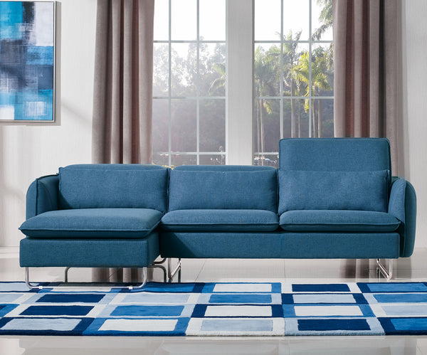 37' Blue Fabric  Foam  Wood  and Steel Sectional Sofa