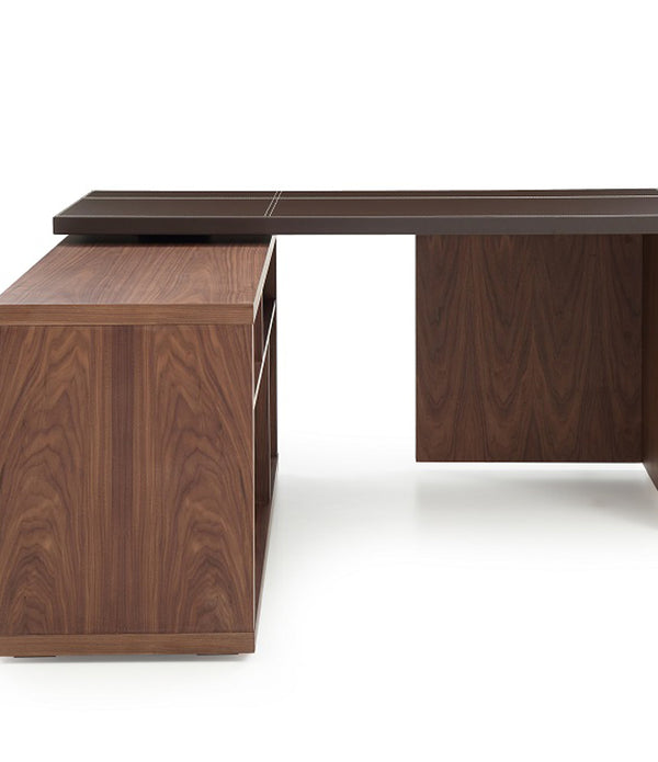 29' Walnut and Brown Veneer L Shaped Desk with a Leather Top