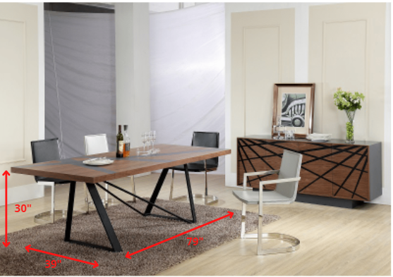 30' Walnut Veneer and Grey Stainless Steel Dining Table