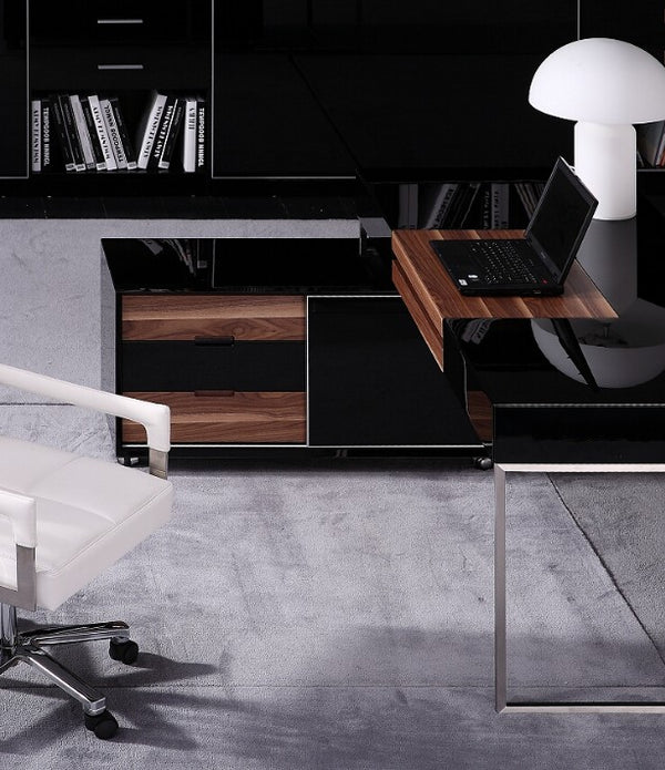 29.5' Black Gloss and Walnut Veneer and Stainless Steel Office Desk