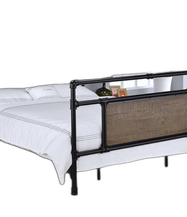 Queen Bed, Black & Oak - Metal, Wood Panel, Melami Black