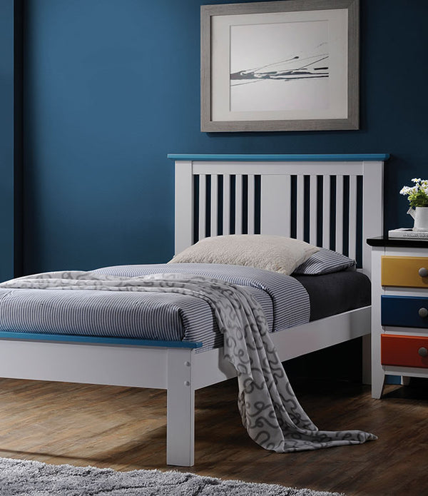 Queen Bed, White & Blue - Poplar Wood White & Blue