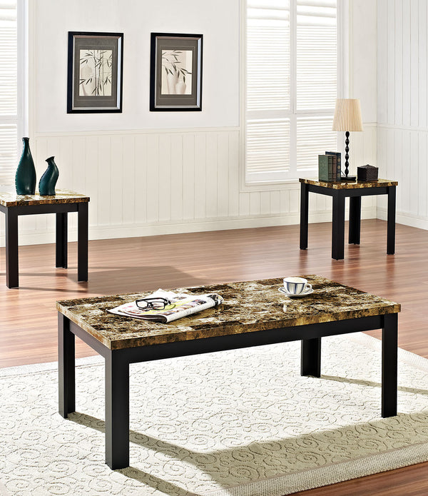 1' X 1' X 48' 3Pc Dark Brown Faux Marble And Black Pack Coffee And End Table Set