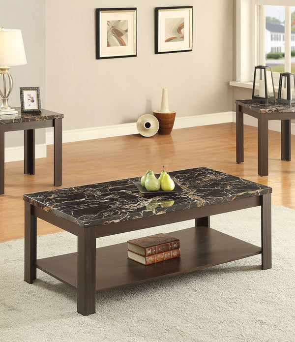 3Pc Pack Coffee/End Table Set, Faux Marble & Walnut - Veneer Faux Marble & Walnut