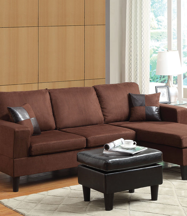 Sectional Sofa (Reversible Chaise) with Ottoman & 2 Pillows, Chocolate Microfiber & Espresso PU - MFB, PU Chocolate MFB & Espresso PU