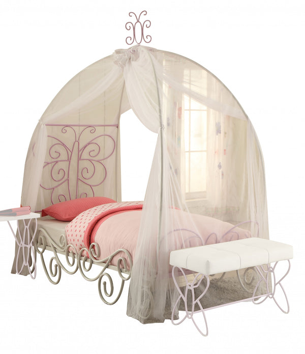 White and Lilac Scroll Butterfly Design Twin Canopy Bed