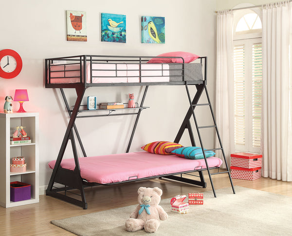 77' X 41' X 72' Twin Over Full Sandy Black Futon Bunk Bed With Bookshelf