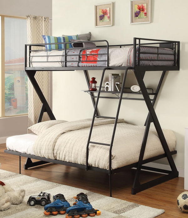 Twin/Full Bunk Bed with Bookshelf, Sandy Black - Steel Tube, MDF, PVC Sandy Black