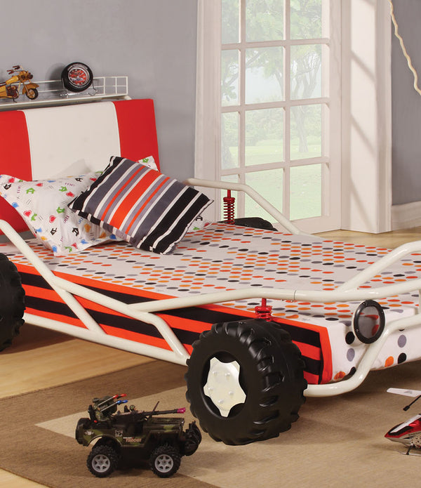 Twin Bed, White & Red Racing Car - Metal Tube, MDF, PU, 25Kg White & Red Racing Car