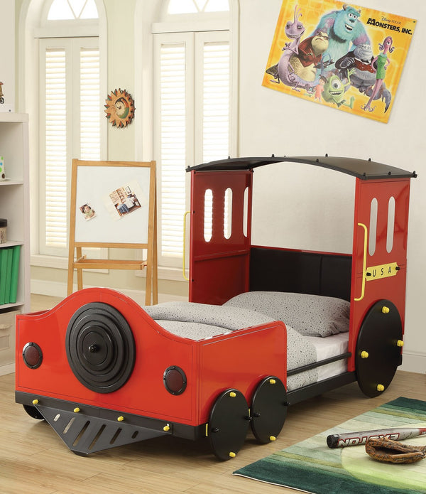 Twin Bed, Red & Black Train - Metal, MDF, PVC, 25kg FR  Red & Black Train