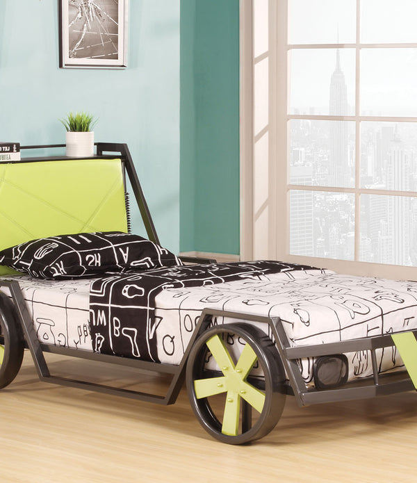 Twin Bed, Silver & Green Racing Car - Metal Tube, MDF w/PVC, PU Silver & Green Racing Car