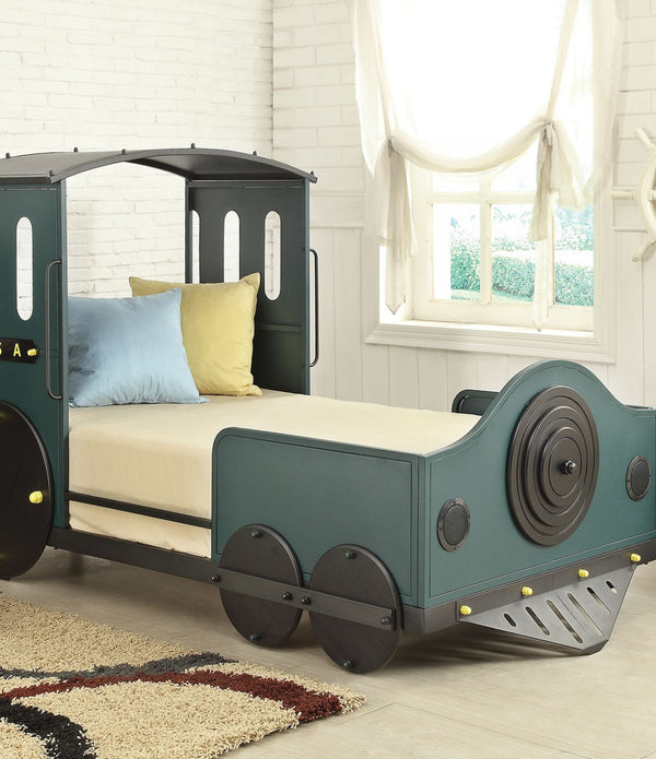 Twin Bed, Green & Black Train - Metal, MDF, PVC, 25kg FR  Green & Black Train