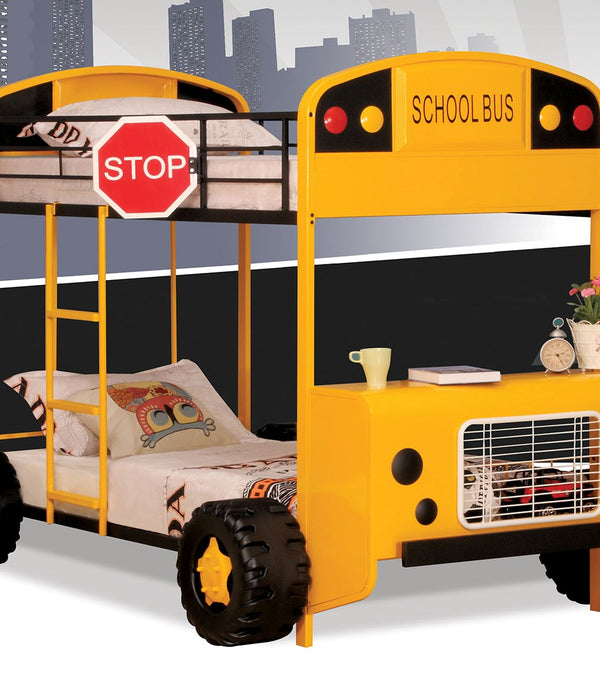 Twin/Twin Bunk Bed, Yellow & Black School Bus - Metal Tube (Steel), MDF Yellow & Black School Bus