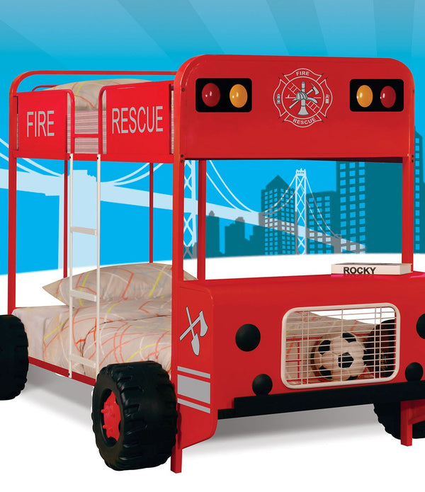 Twin/Twin Bunk Bed, Red & Black Fire Truck - Metal Tube (Steel), MDF Red & Black Fire Truck