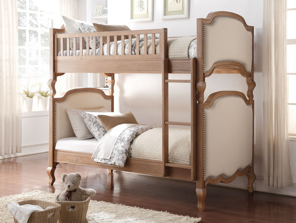 82' X 44' X 73' Twin Over Twin Cream Linen Salvage Oak Fabric Bunk Bed