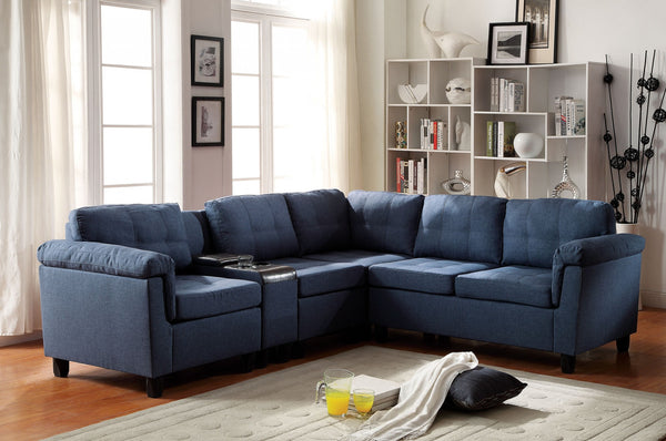 Sectional Sofa with Console (Reversible), Blue Linen & Espresso PU - Fabric, Wood Frame, Foam  Blue Linen & Espresso PU