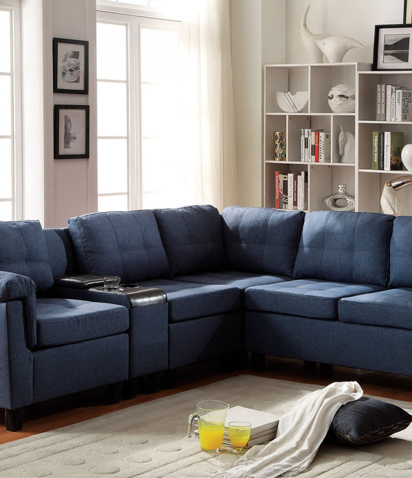 Sectional Sofa with Console (Reversible), Blue Linen & Espresso PU - Fabric, Wood Frame, Foam  Blue Linen & Espresso PU