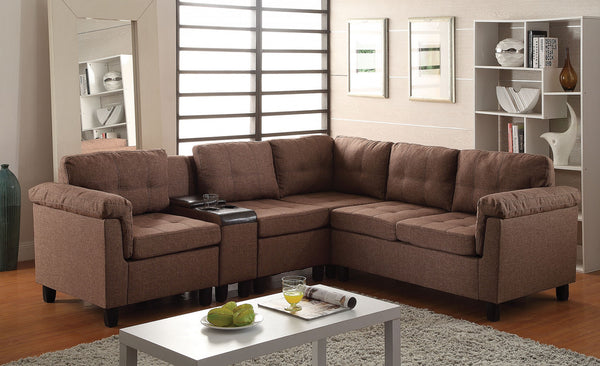 Sectional Sofa With Console (Reversible) Brown Linen  Espresso Pu - Fabric Wood Frame Foam  Brown Linen  Espresso Pu