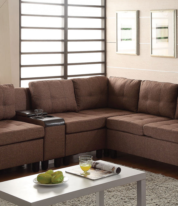 Sectional Sofa With Console (Reversible) Brown Linen  Espresso Pu - Fabric Wood Frame Foam  Brown Linen  Espresso Pu