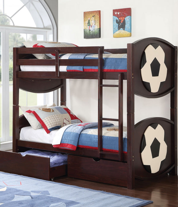 Soccer Twin/Twin Bunk Bed, Espresso - Pine wood & Plywood Espresso