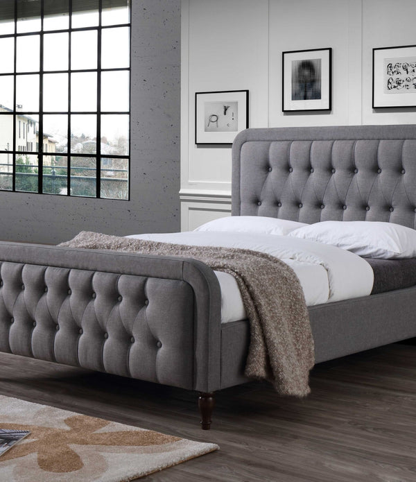 Queen Bed, Light Gray Fabric - Fabric, Wood, LVL, Foam,  Light Gray Fabric