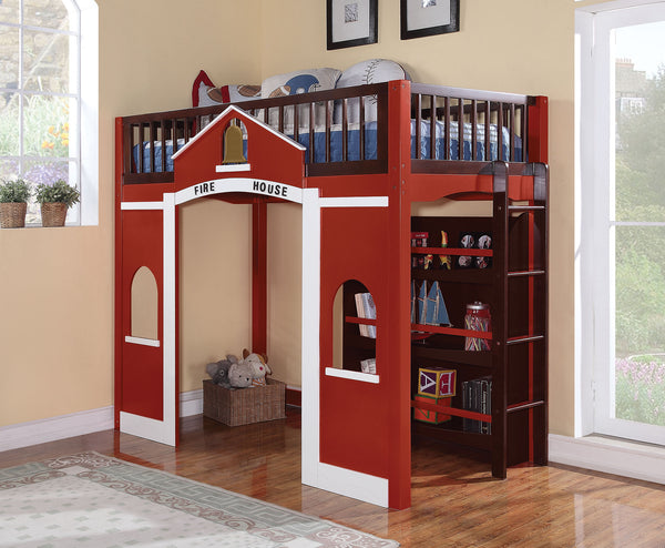 Loft Bed & Bookshelf, Red, White & Espresso - Pine Wood, MDF w/Pine Ven Red, White & Espresso