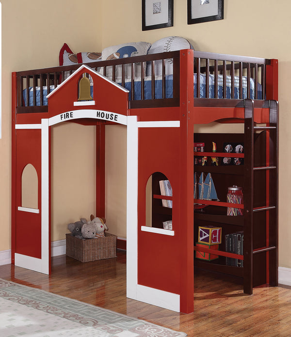 Loft Bed & Bookshelf, Red, White & Espresso - Pine Wood, MDF w/Pine Ven Red, White & Espresso